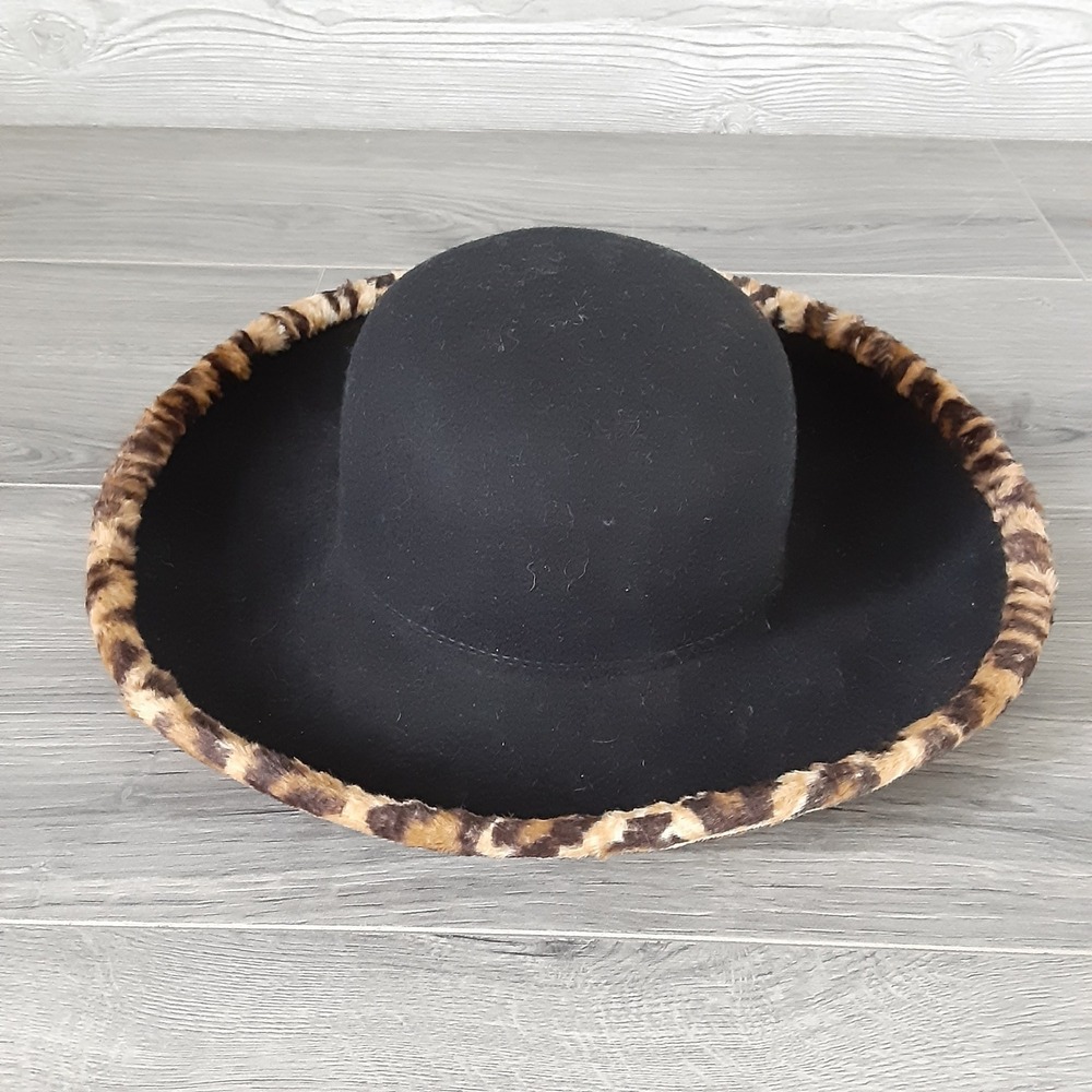VTG Studio Kokin Black Wool Felt Wide Brim Hat Leopard Faux Fur Trim USA,WPL4384